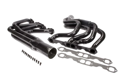 Full Length Step Headers, IMCA Modified, 1.75 to 1.875in. Primary, 3.5in. Collector, Includes Gaskets and Hardware, Steel, Black Paint, Small Block Chevy, Fits BMS Dirt Works, Hoffman, Jet, KMOD, Pierce, Sardeson, Smileys and Victory, Pair. - SCH1186V