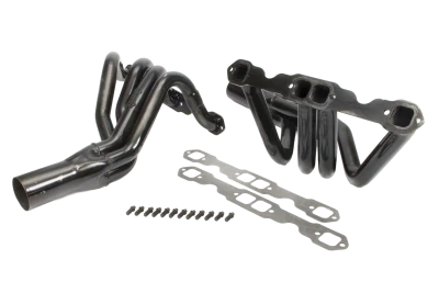 Mid Length Headers, IMCA Modified, 1.625in. Primary, 3in. Collector, Includes Gaskets and Hardware, Steel, Black Paint, Small Block Chevy, Pair. (Fits Bandit, BMS, Dirtworks, GRT, Harris, Hoffman, Jet, Larry Shaw, Xtreme Chassis') - SCH1105