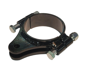 Clamp, Axle Mount, 3 in ID, 1.25 in wide, 2 pc, 3/16 in double shear mount,  3/8 in OD hole, steel, black powder coated.