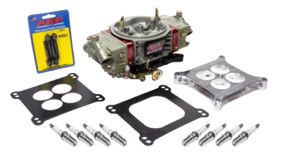 Willy's Carburetor, GM604 Power Kit, 4-Barrel, 750 CFM, Square Bore, No Choke, Mechanical Secondary, Dual Inlet, Includes Fasteners, Gaskets, Spacer, and Spark Plugs, Aluminum, Gold Chrome and Red Anodized, GM 604 Crate Engine, Kit. - WLY604CRATE