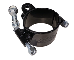 Clamp, Axle Mount, Liftbar Bracket,3 in ID, 2 in wide, 2 pc, 3/16 in double tab mount, angled, 1/2 in OD hole, steel, black powder coated.