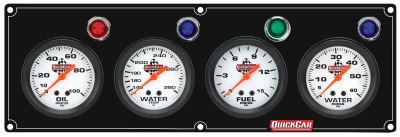 Gauge Panel Assembly, Legend Series, Plain Panel, Oil Pressure / Fuel Pressure / Water Temperature / Water Pressure, 2-5/8 in Diameter, White Face, Warning Light, Kit. - QCP-61-6726