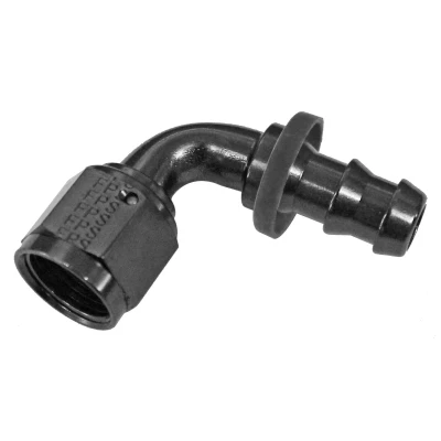 Fitting, Hose End, Push-On, 90 degree, 6 AN Hose Barb to 6 AN Female, Aluminum, Black Anodized, Each - PPM943-19006