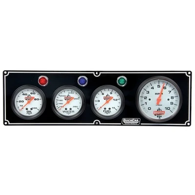 Gauge Panel Assembly, Fuel Pressure / Oil Pressure / Tachometer / Water Temperature, 3-3/8 in / 2-5/8 in Diameter, Silver Face, Warning Light, Kit. - QCP-61-67423