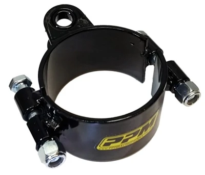 Clamp, Axle Mount, 3 in ID, 2 in wide, 2 pc, 3/16 in double tab mount, angled, 1/2 in OD hole, steel, black powder coated. - PPM4017
